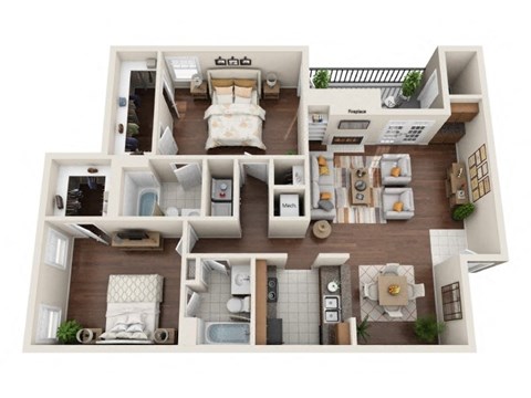 Floor plan for 2 beds, 2 baths, 1213 sqft